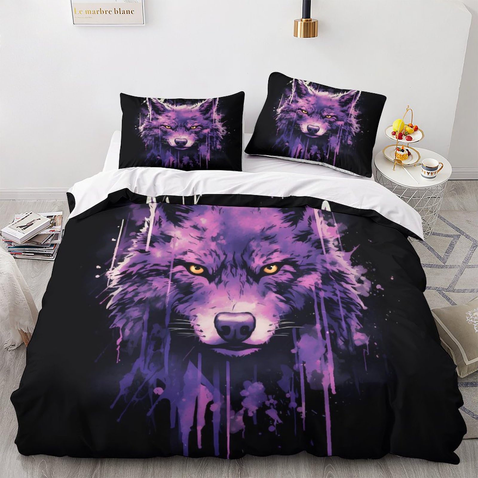 Housse de couette loup 3D 200x200 cm avec 2 taies d'oreiller pour lit double