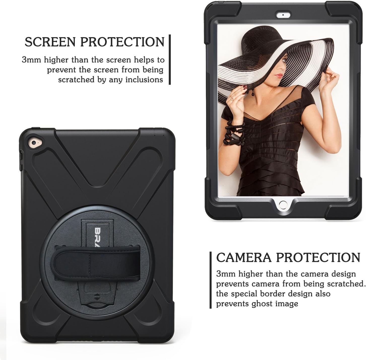 Bіg Sаlе BRAECN iPad Air 2 Case,[Hybrid Shockproof Case] Rugged Triple-Layer Shock-Resistant Drop Proof Defender Case Cover with Kickstand/ Hand Strap/Shoulder Strap for Apple iPad Air 2 Kids Case(Black)
