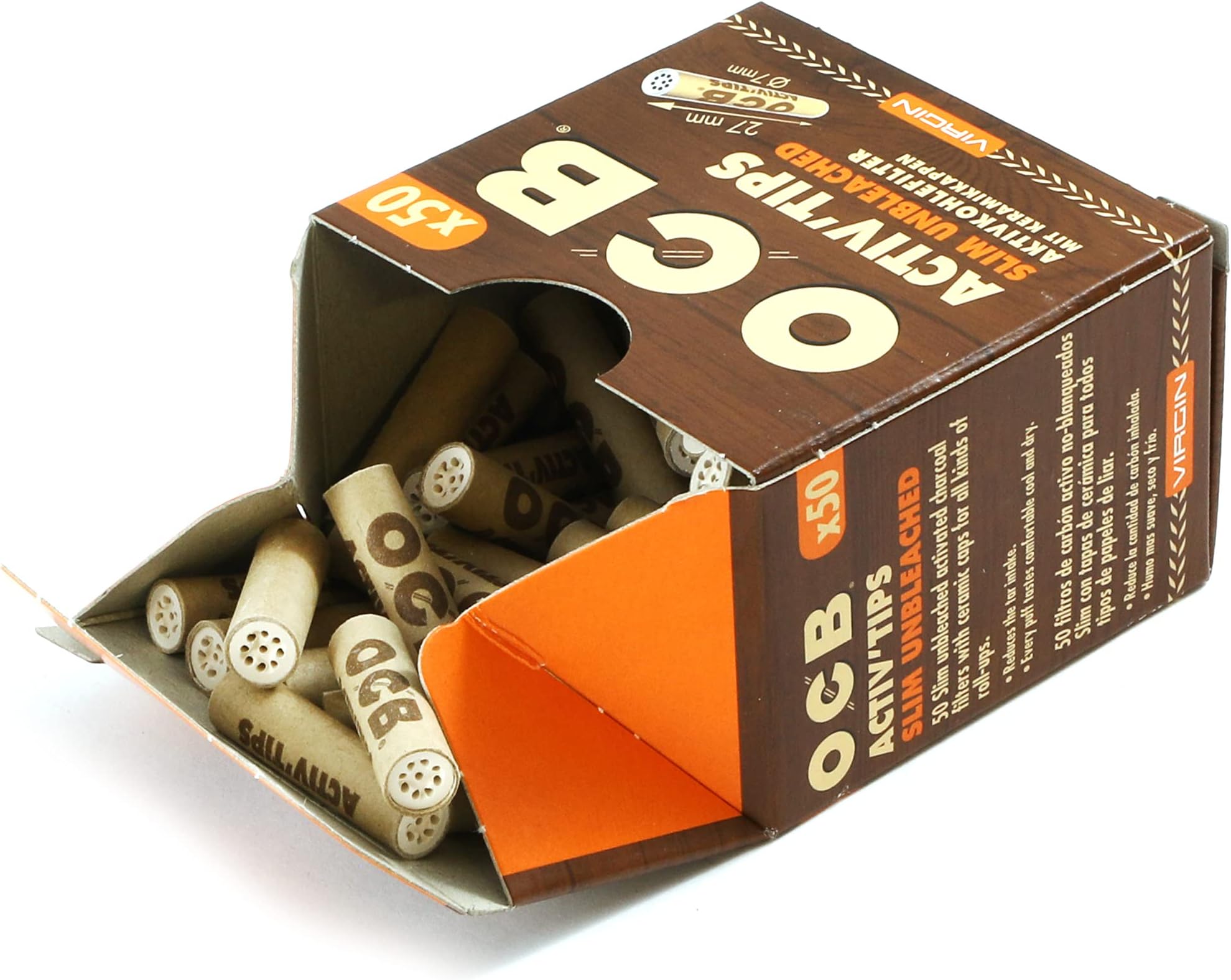 OCB 18656 ActivTips Slim Unbleached 7mm Virgin Activated Carbon Filter with Ceramic Caps - 2 x 50 Paper