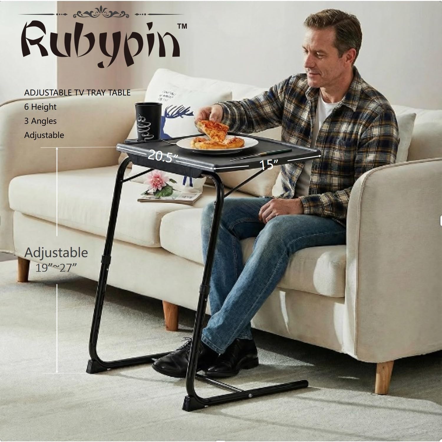 Rubypin Multifunctional TV Tray Table – Adjustable Dinner Folding Table for Bed & Sofa with Cup Holder, 6 Height Settings & 3 Tilt Angles (Black)