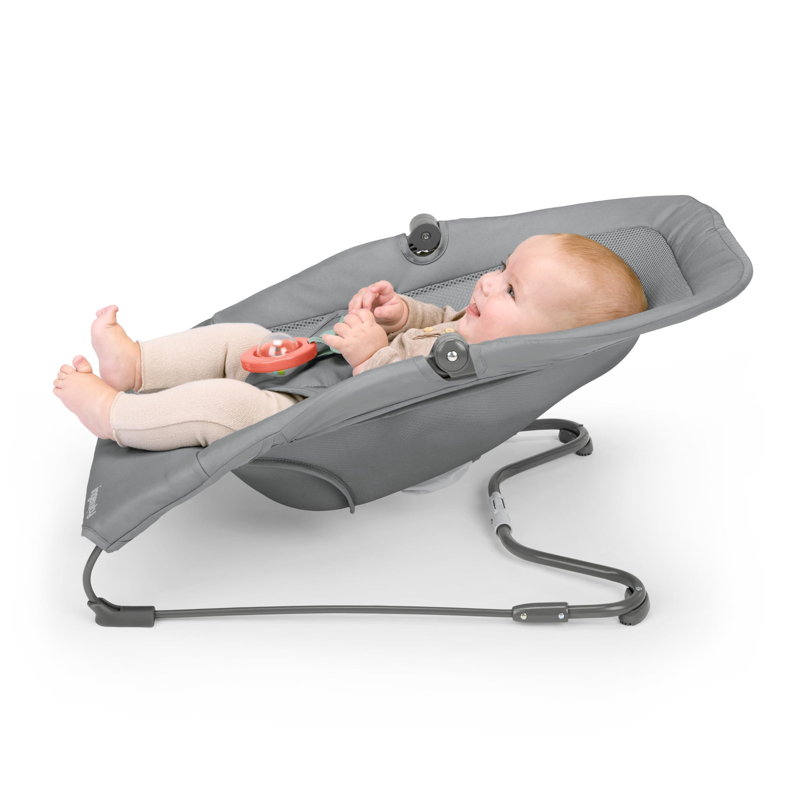 Ingenuity Stow & Go kompakte Falt Babywippe, leichter tragbarer Sitz mit Vibration & Spielzeug, Grau,