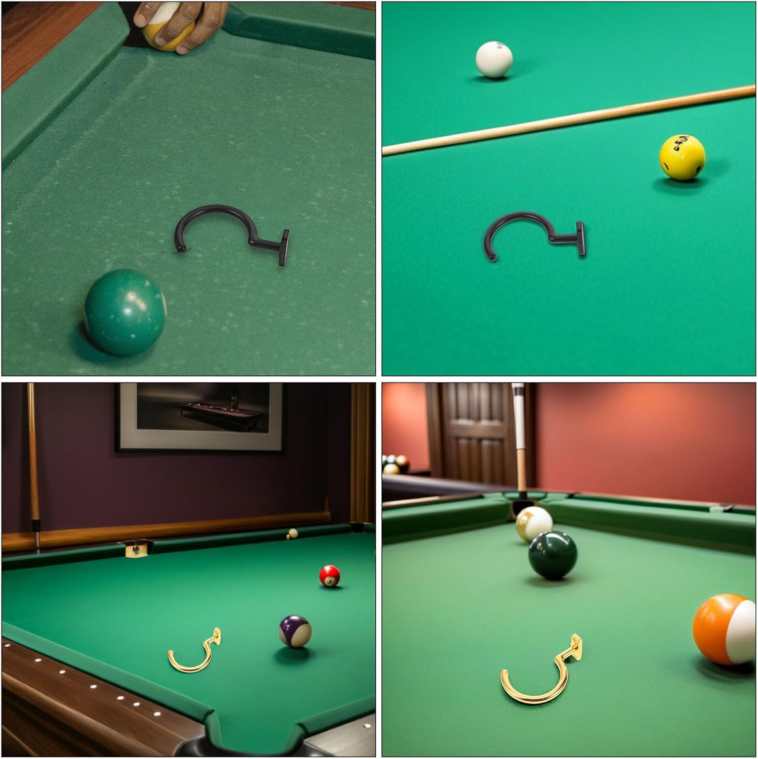 Pool Cue Storage Hanger and Billiard Table Side Hook Set Metal Wall-mounted Cue Holder Clips with Triangular Rack Hooks 4pcs Gold and Black for Game Room Organization