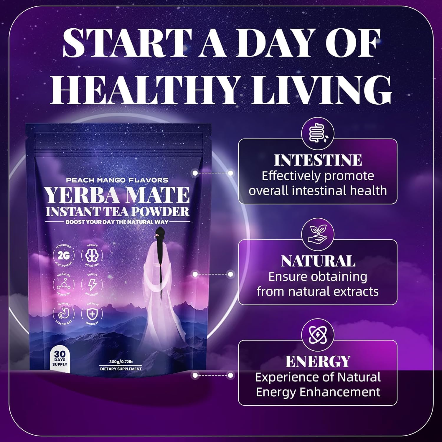 Yerba Mate Tea Powder With Probiotics & Mushrooms - Strawberry Matcha Energy Drink, 30 Servings (11.6 Oz)