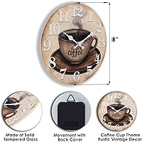Vista 3 de Keepcross Kitchen Wall Clock Coffee Cup Theme Rustic Modern Farmhouse Decor Glass Clock for Kitchen, Coffee Bar, Cafe - 8 Inch, Brown