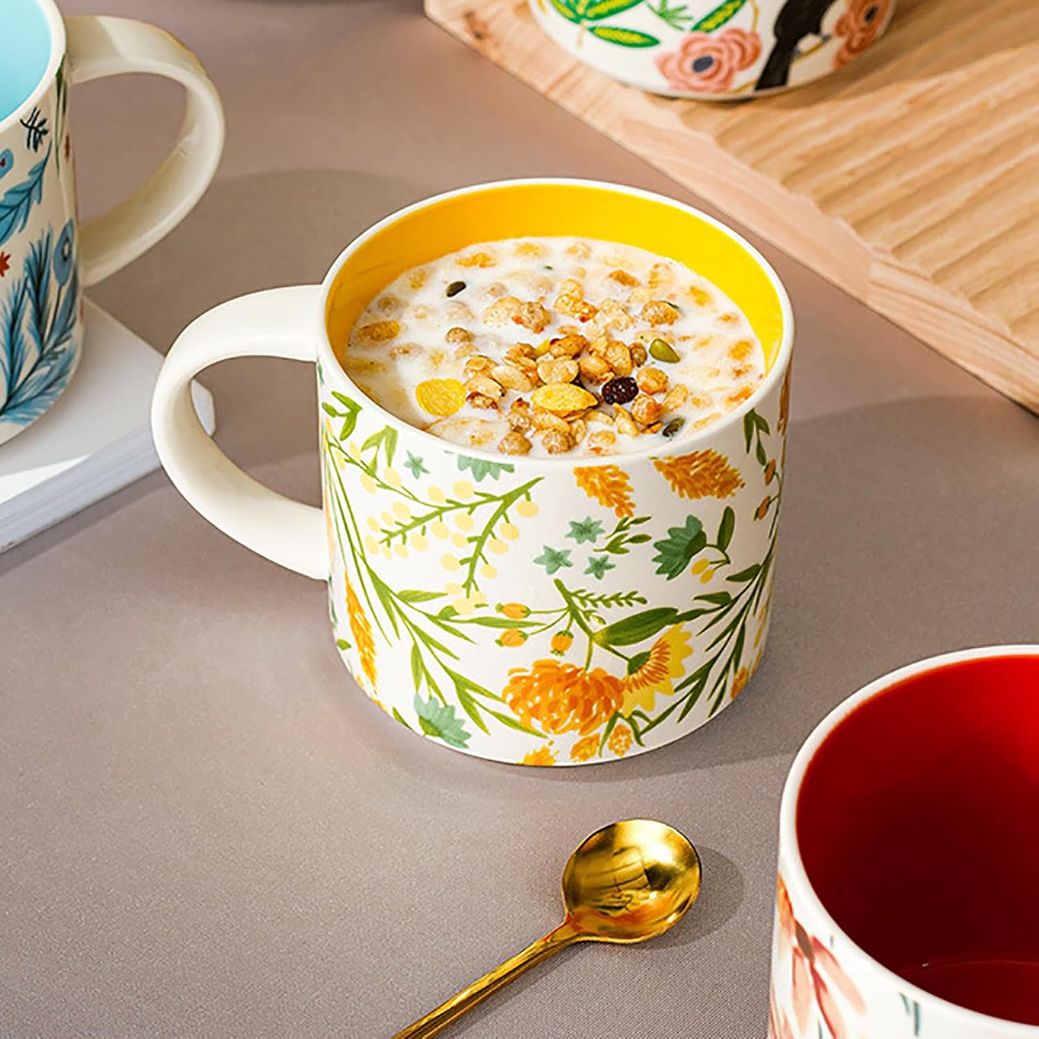 Frcctre Set of 4 Ceramic Coffee Mug Set, Large 15 Ounce Ceramic Tea Cup with Handle, Vintage Hand Painted Floral Porcelain Mug Colorful Restaurant Mug for Coffee, Tea, Milk, Hot Cocoa
