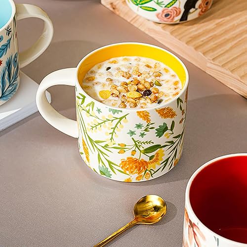 Miniatura 5 de Frcctre Juego de 4 tazas de café de cerámica, taza grande de té de cerámica de 15 onzas con asa, taza de porcelana floral pintada a mano vintage