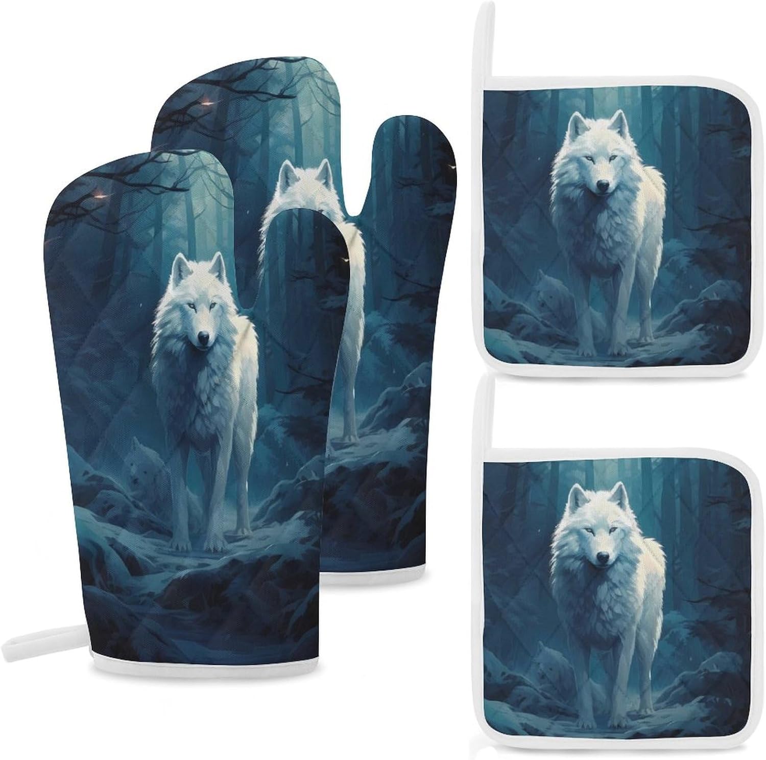White Wolf 4 Pcs Oven Mitts and Pot Holders Set High Heat Resistant Long Kitchen Oven Glove Potholders