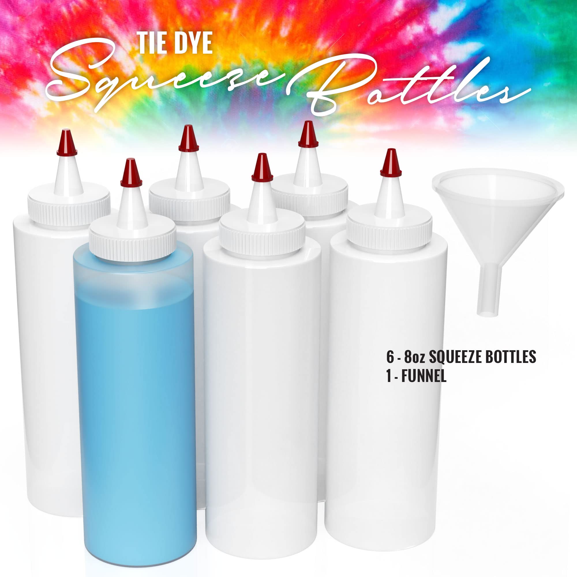 Pixiss Tie Dye 8oz Squeeze Bottles (6 Pack) with 2" Funnel - Precise Dispenser for Arts and Crafts - Perfect for Liquid or Powdered Dyes, Includes Basic Tie Dye Patterns Guide - Image 2