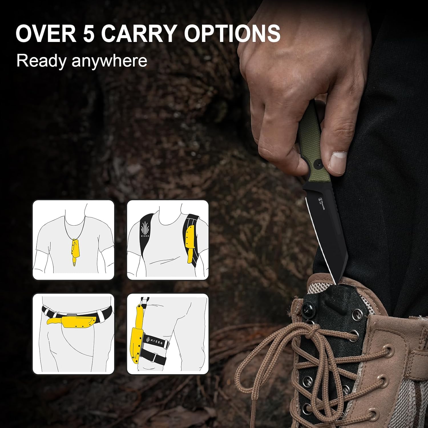 Kizer Phasmids Fixed Blade Knife with Sheath, 2.78" D2 Steel Full Tang Camping Knife with Green Micarta Handle, EDC Knives for Hiking 1079M1 - Image 8