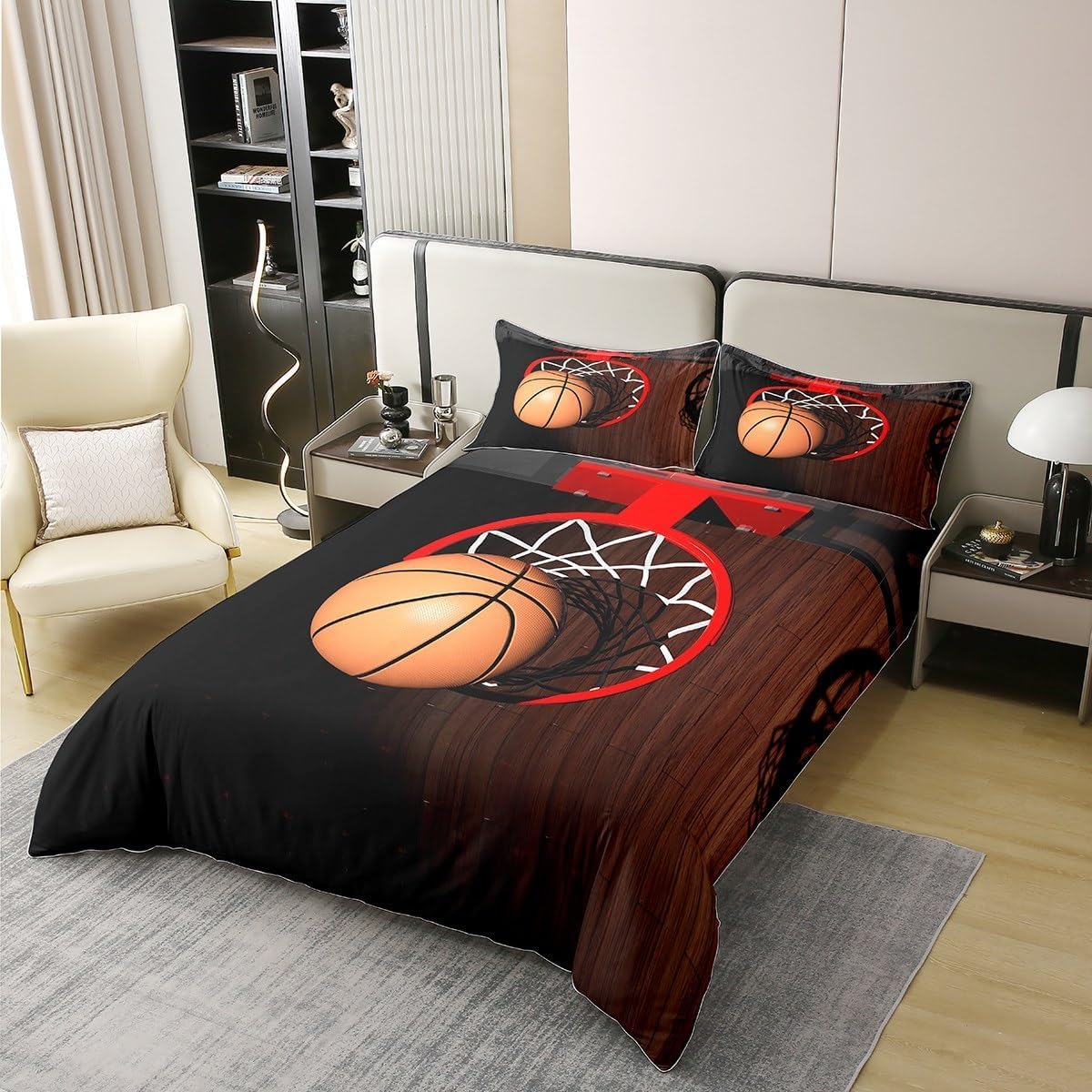 Super King zestaw poszewek na kołdrę obręcz do koszykówki miękka mikrofibra zestaw pościeli z nadrukiem 3D sportowy styl poszewka na kołdrę 260 x 220 cm z zamkiem błyskawicznym z 2 poszewkami na