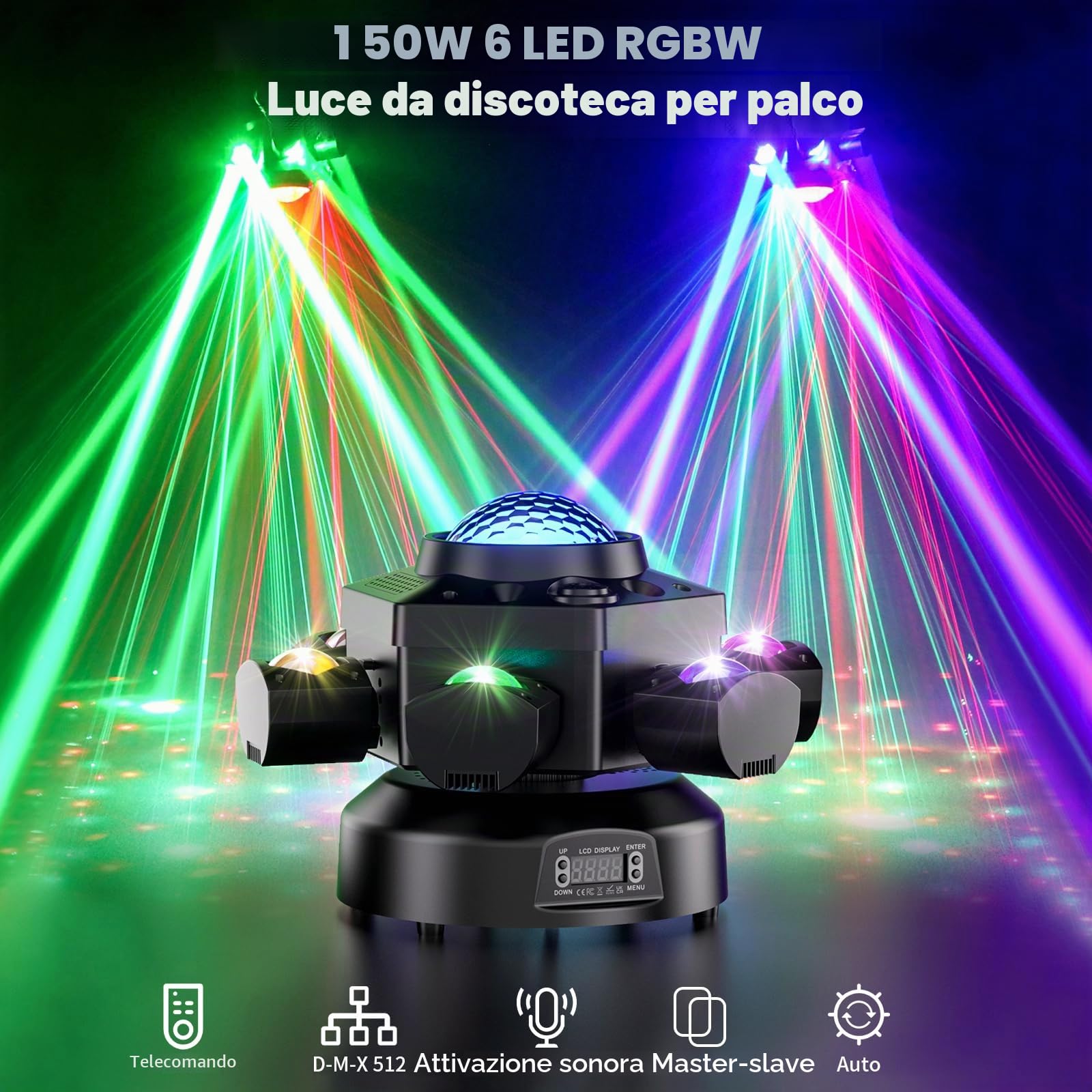 2PCS Teste Mobili da Palco RGBW Beam da 150W, 6 LED Rotante a 180° Effetto Stroboscopico Cielo Stellato Telecomando d-mx512 per Matrimoni Club Teatri Feste e DJ
