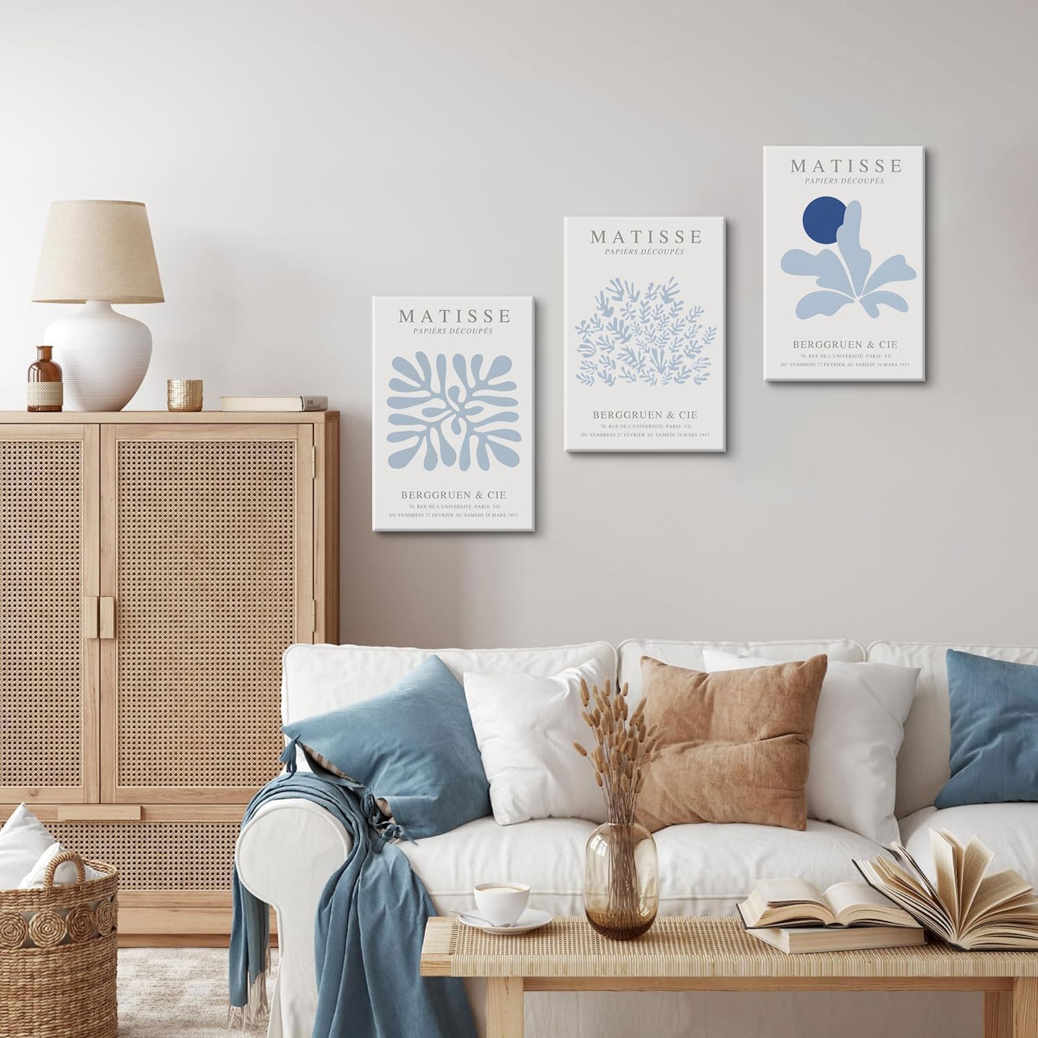 Djmwtb Framed Blue Matisse Canvas Wall Art Decor, Matisse Blue Wall Art Prints Set of 3, Modern Abstract Minimalist Pictures Wall Decor Paintings Artwork for Bathroom Bedroom Living Room 16x24in