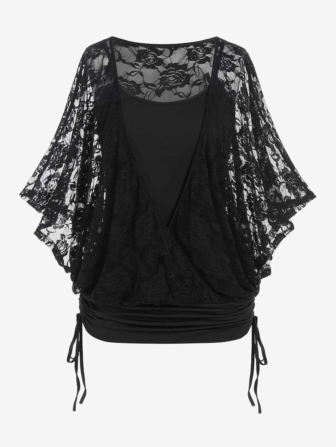 ROSE GAL Women Plus Size Cinched Ruched Batwing Sleeves Lace 2 in 1 Tee Blouson Top - Image 2