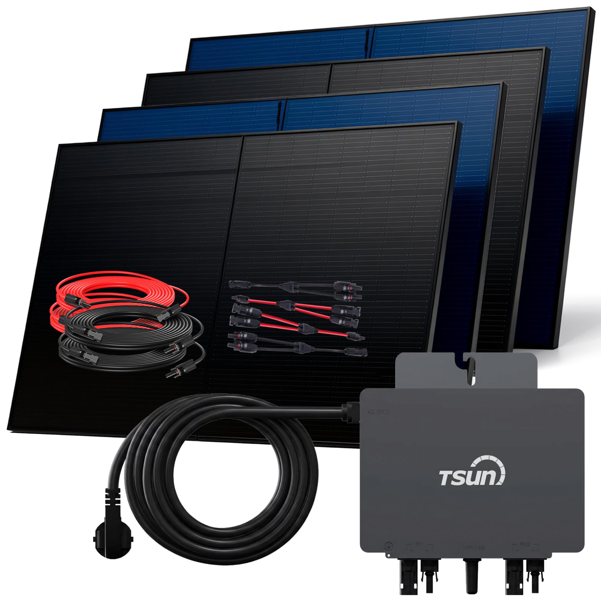SUNNIVA® 2000W Balkonkraftwerk BIFAZIAL FULLBLACK komplett Steckdose TSUN 800 Watt Wechselrichter, Solaranlage Komplettset, 4x 500W N-Type Glas Bifacial Solarmodule, 5m Kabel & 4x 2.5m Solarkabel