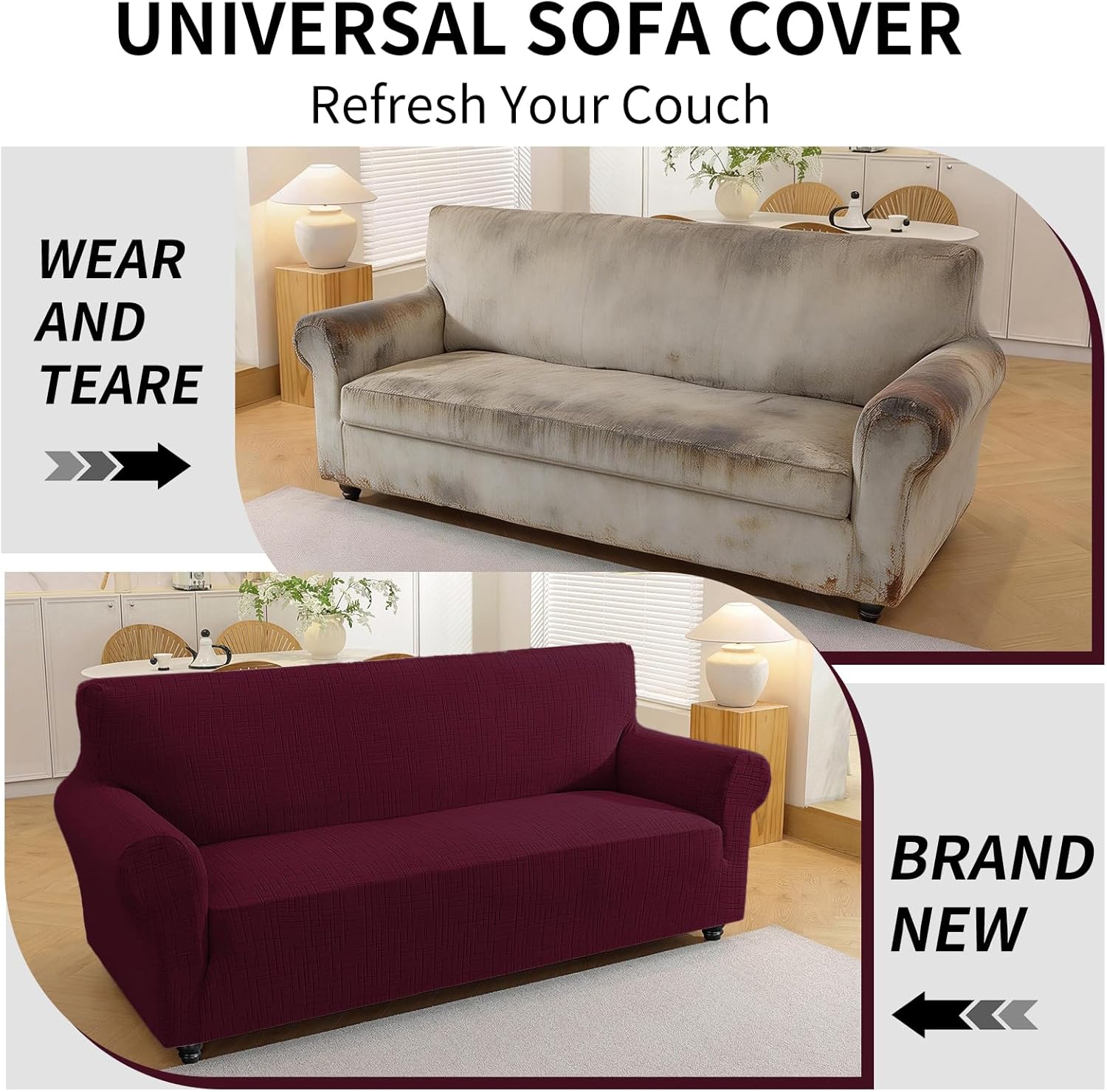 Stretch Couch Covers, Non Slip Loveseat Covers, Sofa Covers for 2 Cushion Couch, Couch Cover for Dogs Washable with Elastic Bottom, Sofa Slipcover for Kids, Dog(Sofa 57"-69", Burgundy)