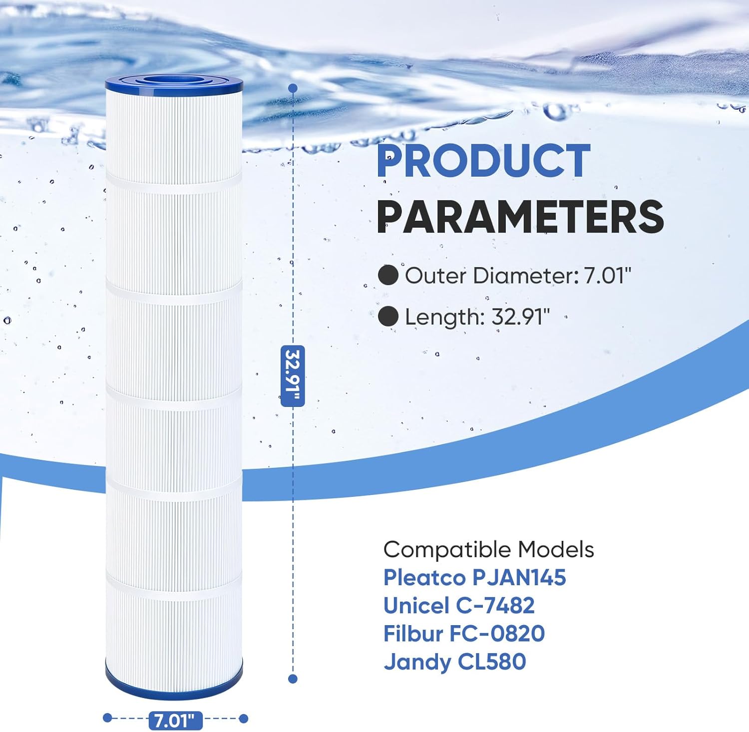 C-7482 Pool Filter Cartridges Compatible with Jandy CL580, CV580, PJAN145, Unicel C-7482, Ultral-A10, Filbur FC-0820, FC-6415, A0104100, R0357900, Aladdin 24501, 145 Sq. Ft, 4 Pack