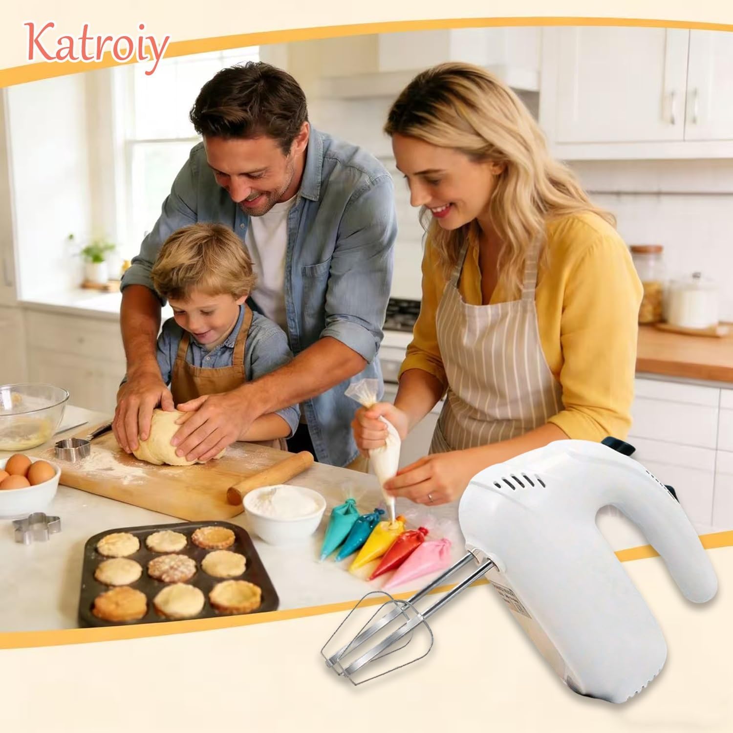 300W Hand Mixer Electric Handheld, 5 Speed Lightweight Kitchen Blender, Turbo Boost/Self-Control Speed Hand Held Beater Mixer with 4 Stainless Steel Whisks for Baking Cakes Eggs Cream, White