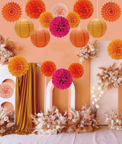 Miniatura 6 de Keihok Fall Orange Party Decorations, Tissue Paper Pom Poms Paper Lanterns Paper Fans for Orange Birthday Wedding Baby Shower Decor, 18 Pcs
