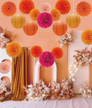 Keihok Fall Orange Party Decorations, Tissue Paper Pom Poms Paper Lanterns Paper Fans for Orange Birthday Wedding Baby Shower Decor, 18 Pcs Thanksgiving Decorations.