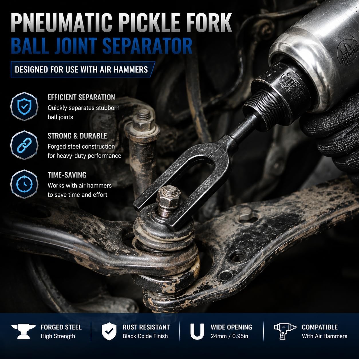 Pneumatic Separating Pickle Fork for Ball Joint and Tie Rod Removal | precision heat-treated,Industrial-grade forged steel,high impact resistance,Advanced anti-rust coating,Precision fork angle