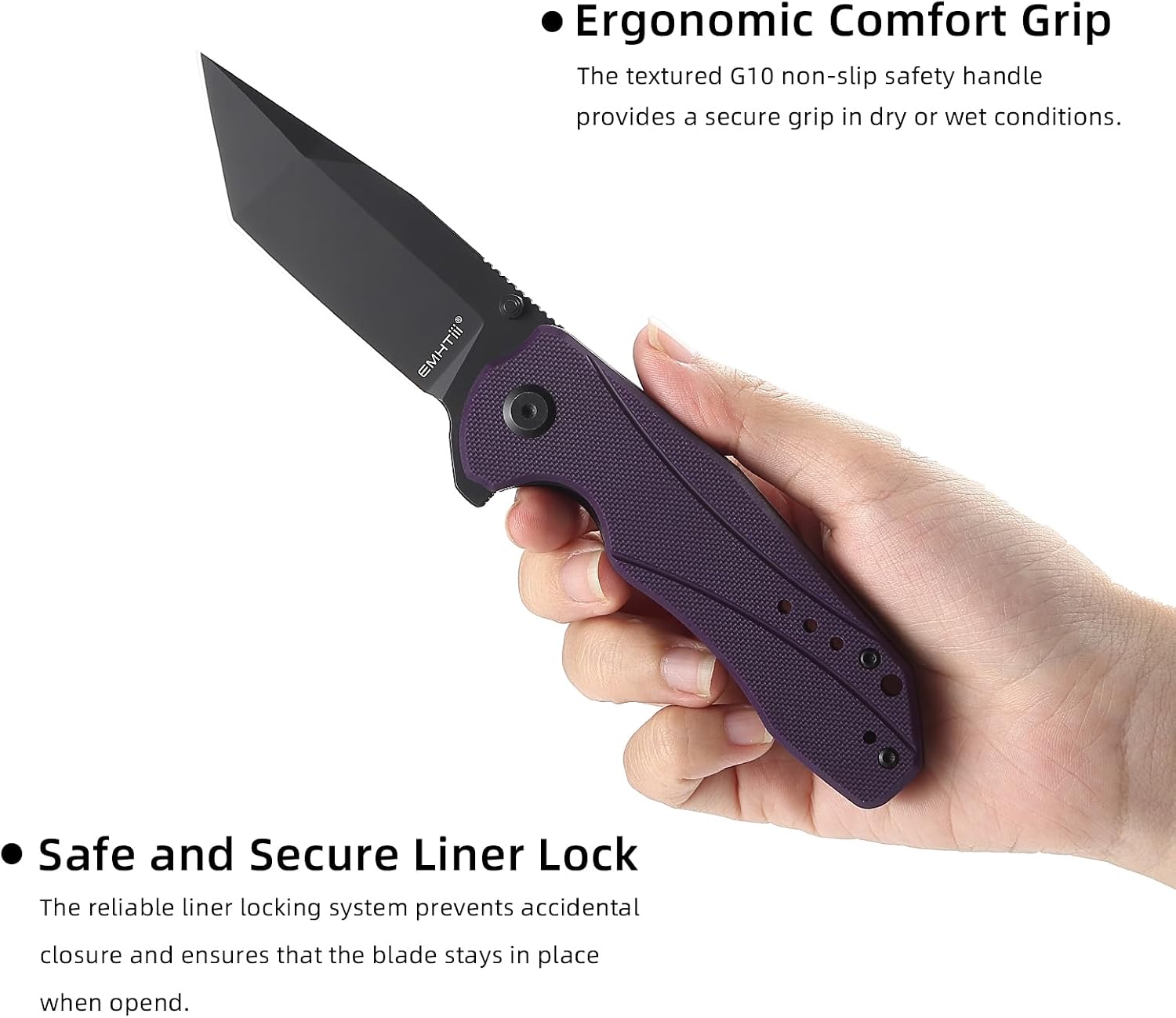Flipper Pocket Knife Folding Knives: D2 Steel Japanese tanto Black Blade, G10 Scales, Liner Lock, Reversible Clip, EDC Gifts for Men Women Camping Hiking E030, Purple