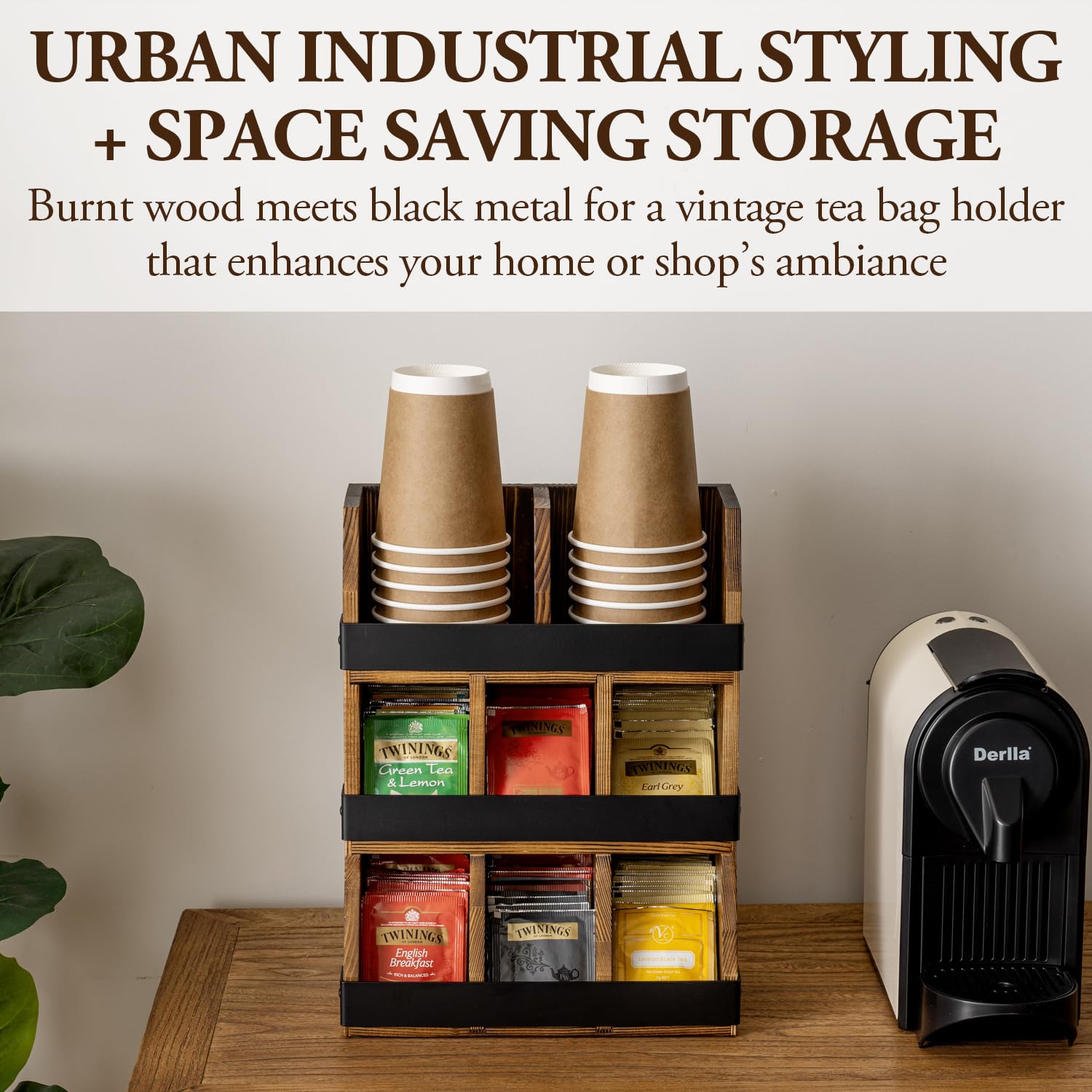 Burnt Wood Tea Rack MyGift - Rustic Wood & Metal Wall Mount Storage ...