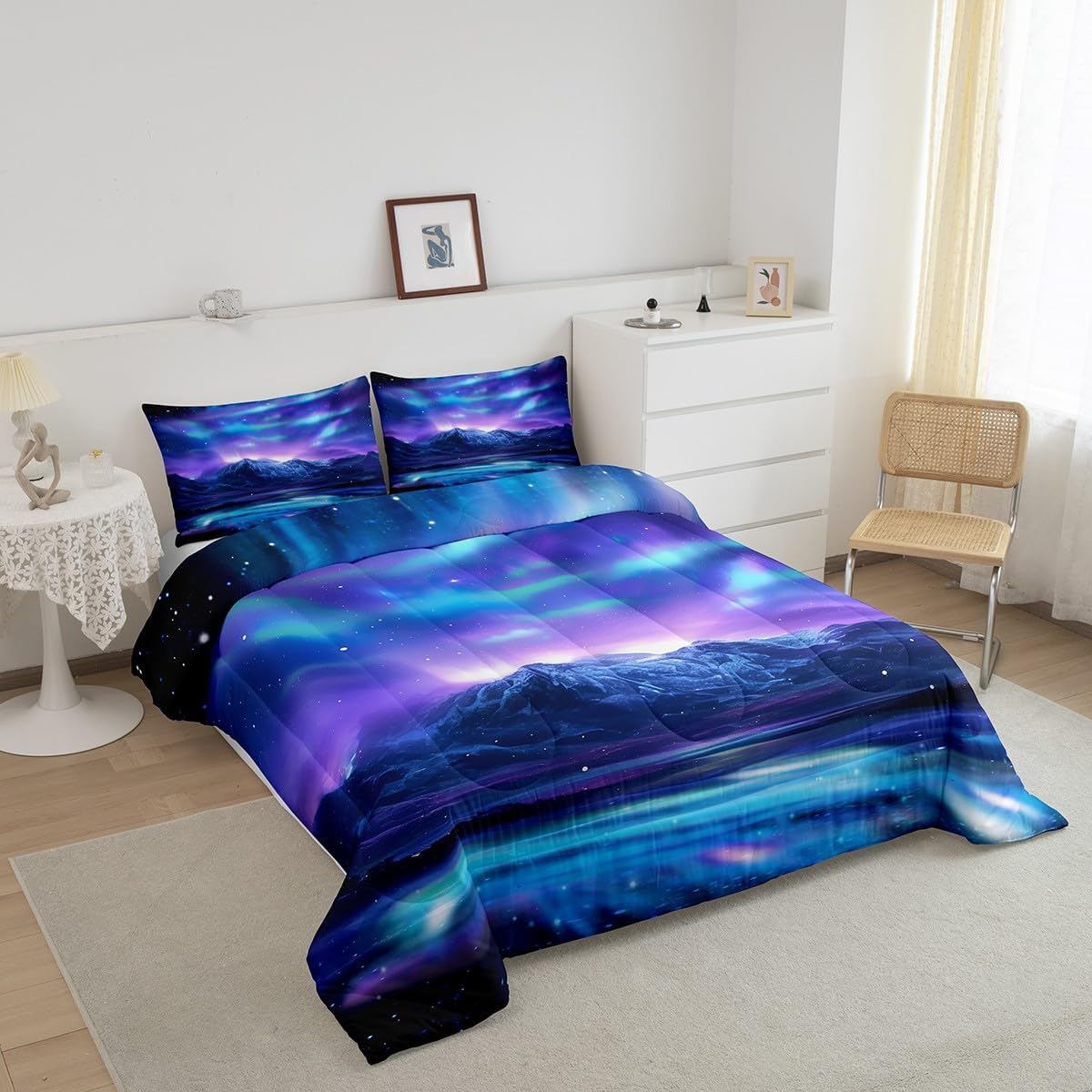 Feelyou Northern Light Comforter Set Soft Galaxy Bedding Set Blue Purple Starry Sky Aurora Decor Quilted Duvet Bed Set with Comforter for Girls Boys (Full, 3 Pieces) Boys