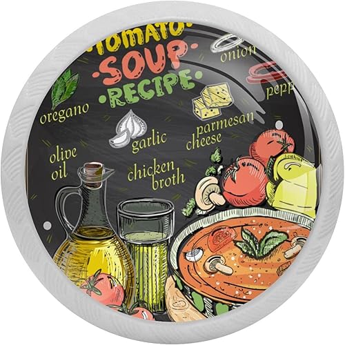 4 Packs Tomato Soup Recipe Menu Chalkboard Design Fluorescence Crystal Glass Cabinet Knobs Drawer Handles for Kitchen Cabinets Dresser Cupboard