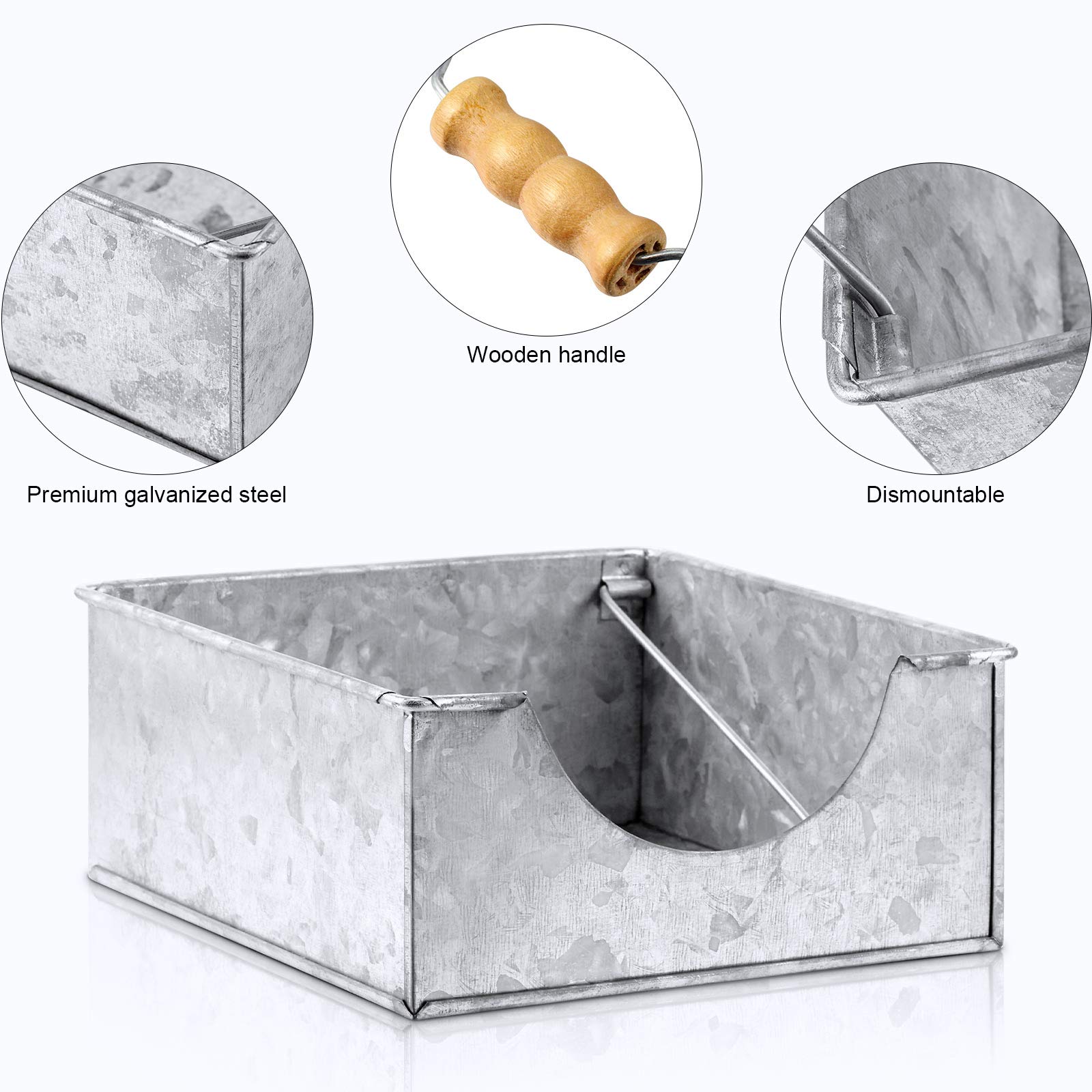 2 portatovaglioli con manici in legno, in metallo argentato, piatto quadrato, portatovaglioli decorativo, con accento in legno rustico, per tavoli da cucina, ristoranti, interni ed esterni