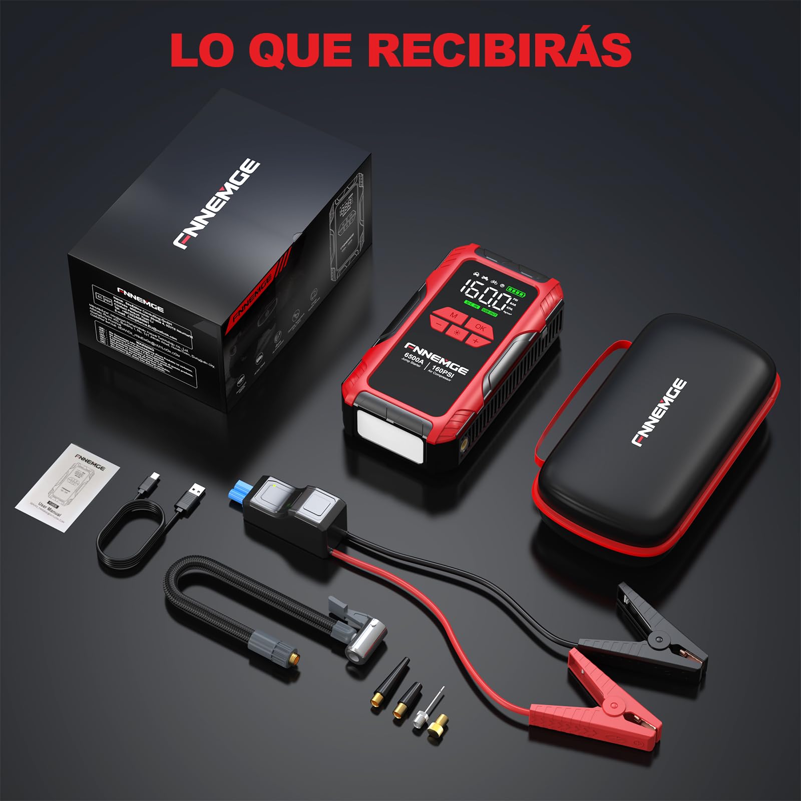 FNNEMGE Arrancador de Coches 6500A 26800mAh con 160PSI Compresor de Aire, Arrancador Batería Coche (para Todos los vehículos de Gasolina o de 10,0L de diésel), con Salida USB, 2 Luz LED, Pantalla HD.