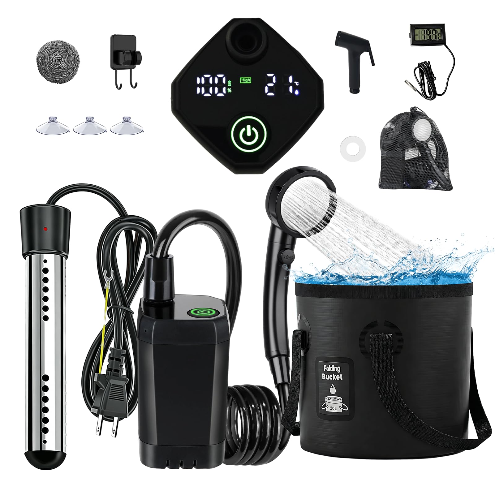 HAANA 【2026年新型】ポータブルシャワー セット 2000W電気給湯器＋簡易シャワー+投げ込みヒーター 温度計+20L折りたたみ式バケツ+直射ヘッド+フック+Type-C+収納袋 プールヒーター 自動電源オフ 3つの水流モード アウトドアシャワー キャンプに最適