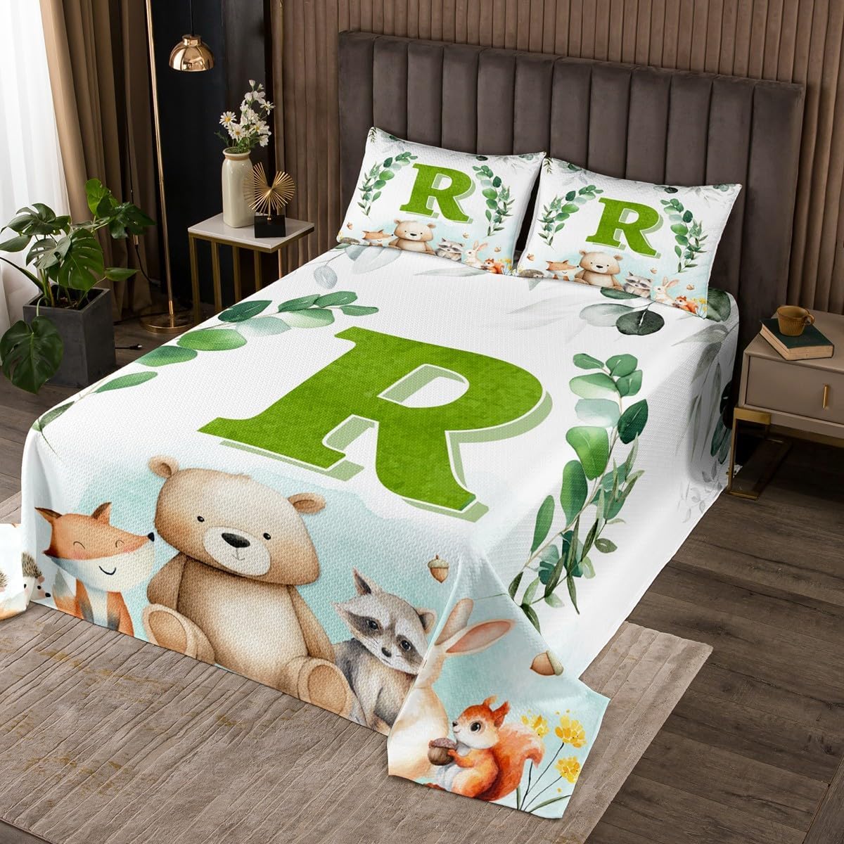 Erosebridal Initial Letter Coverlet Set - Birthday Gifts for Nursery Kids Boys Girls Cartoon Cute Woodland Animal King Size Bedspread Set Eucalyptus Leaves Bedding Sets(M)