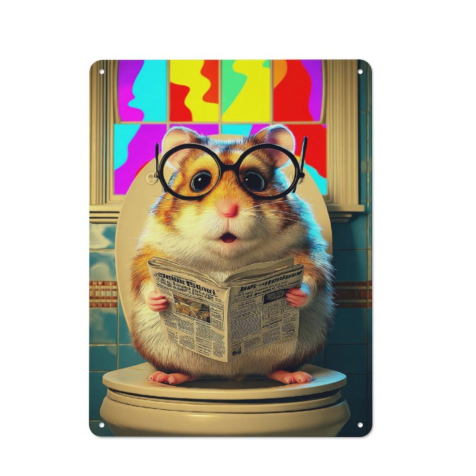 Junmoney Hamster Reading Newspaper On Toilet-2 Vintage Tin Sign 40X30cm, Rustic Bistro Wall Plaque For Kitchen, Cafe, Pantry Or Dining Room