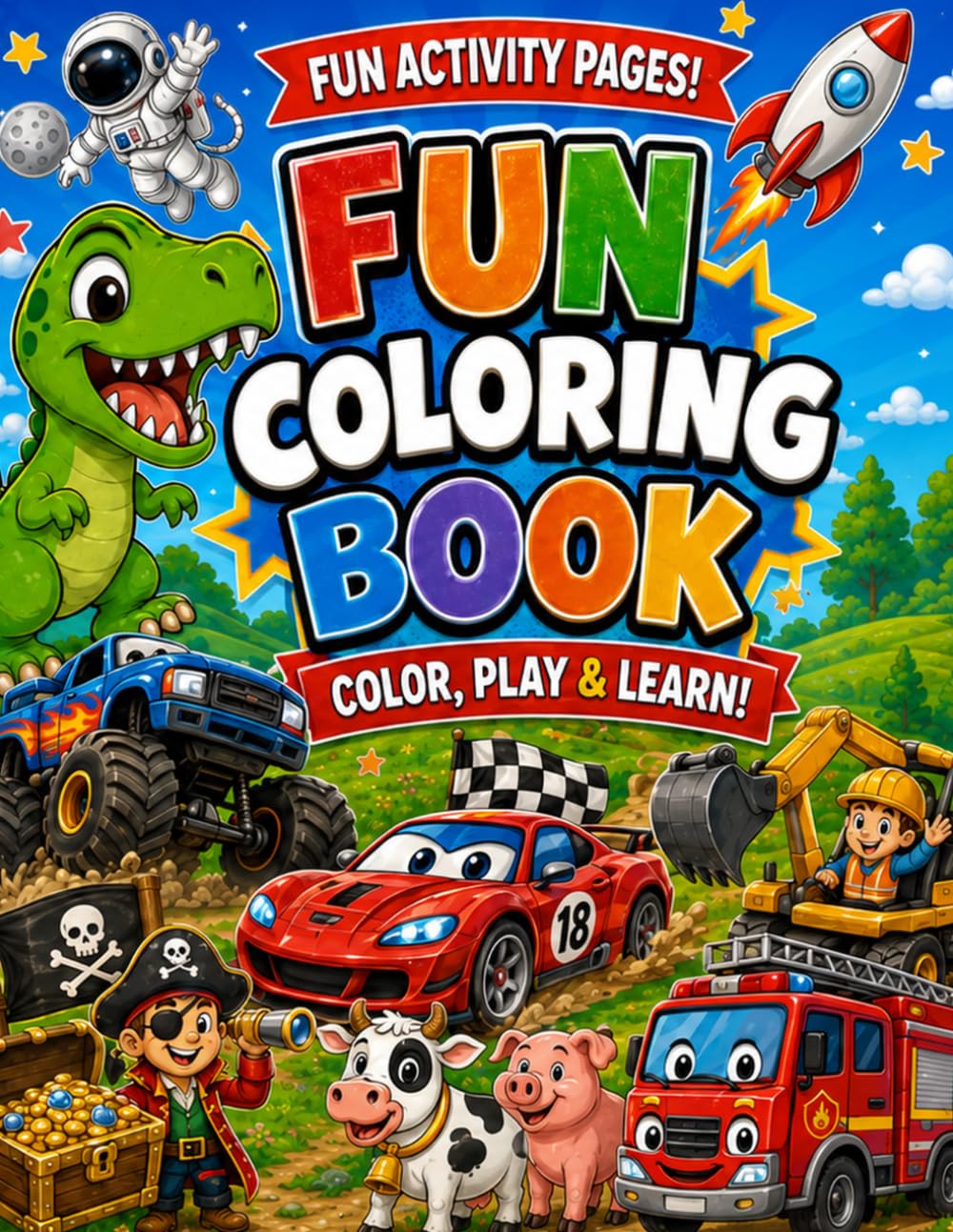 Fun Coloring Book: Activity Book for Boys Ages 3–6 Featuring Mazes, Matching Games, Hidden Objects, Tracing, Dinosaurs, Trucks, Space & More
