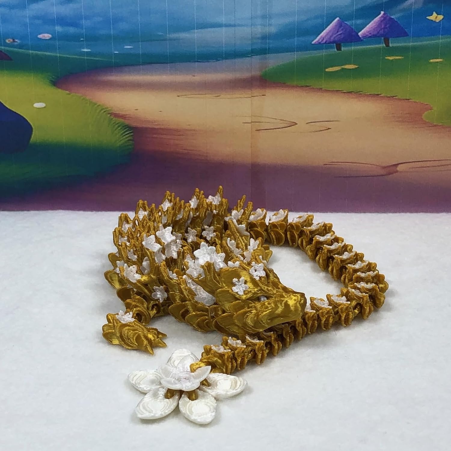 Generic 3D Printed Dragon with Dragon Egg, 12"" Gold and White Cherry Blossom Articulated Dragon, Fidget ADHD Autism Toy Executive Desk Toy D032-DR