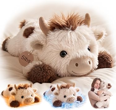 Mewaii Weighted Stuffed Animals for Adults& Kids, 23" Fuzzy Long Haired Cow with Heatable Coolable Cow Plush, 5lbs Microwavable Adjustable Removable Inner Pad, Realistic Hug Large Toy Gift