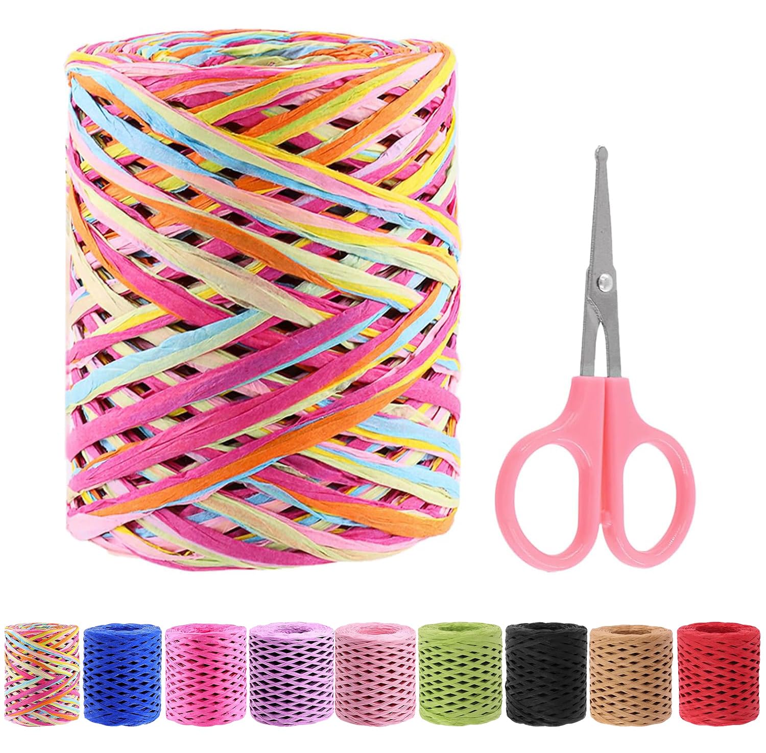 Swpeet 1 Roll Beautiful Light Blue Green 218 Yards Raffia Paper Craft Ribbon with Scissors Assortment Kit, Natural Raffia String Kraft Craft Packing Paper Twine for Gifts DIY Flower Decorations