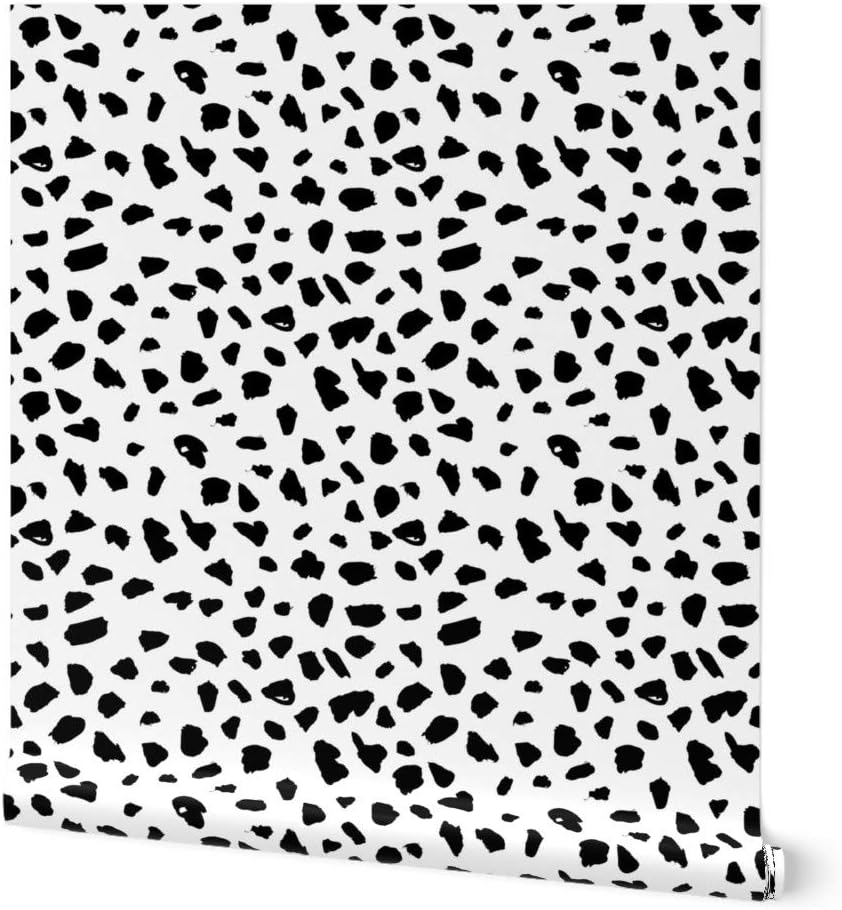 Spoonflower Commercial Grade Wallpaper 27ft x 2ft - Black White Abstract Dalmatian Spots Dots Leopard Animal Skin Trendy Gender Neutral Geometric Print Traditional Wallpaper