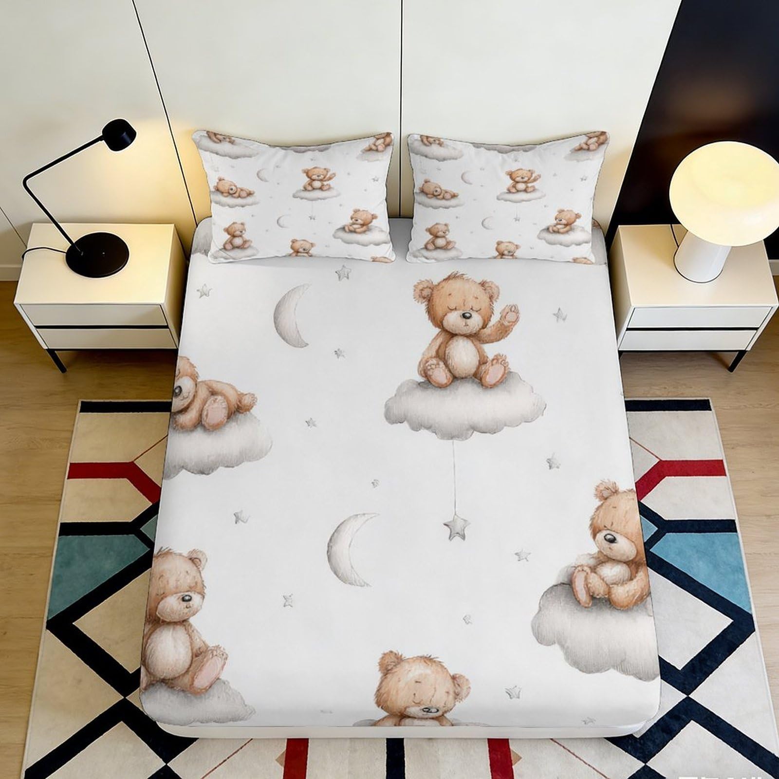 3D Printed Teddy Bear Fitted Sheet Microfiber Soft Breathable Moon Star Bed Cover for Bedroom Dormitory Guest Room Mattress Protection Decor 180x200x25cm