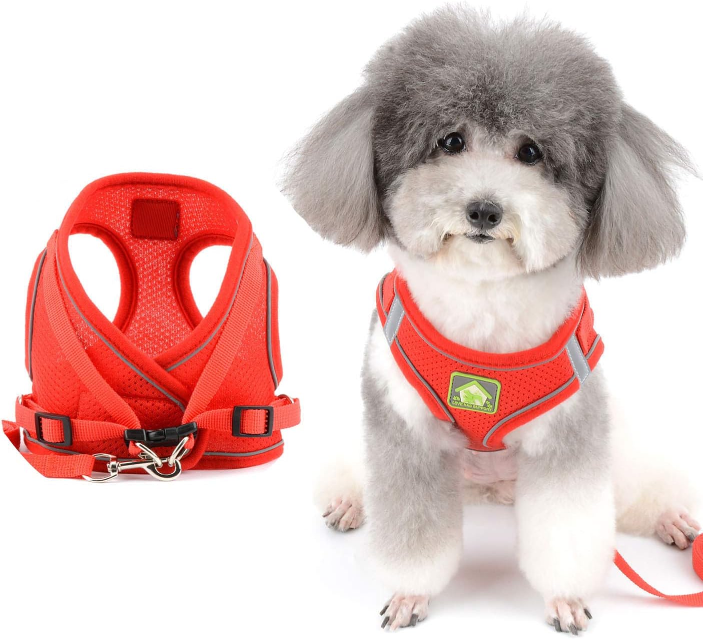 Zunea Small Dog Harness and Lead Set No Pull Puppy Vest Harnesses Adjustable Reflective Soft Mesh Step-in Pet Cat Harness Escape Proof for Walking Bright Colors for Dogs Red L