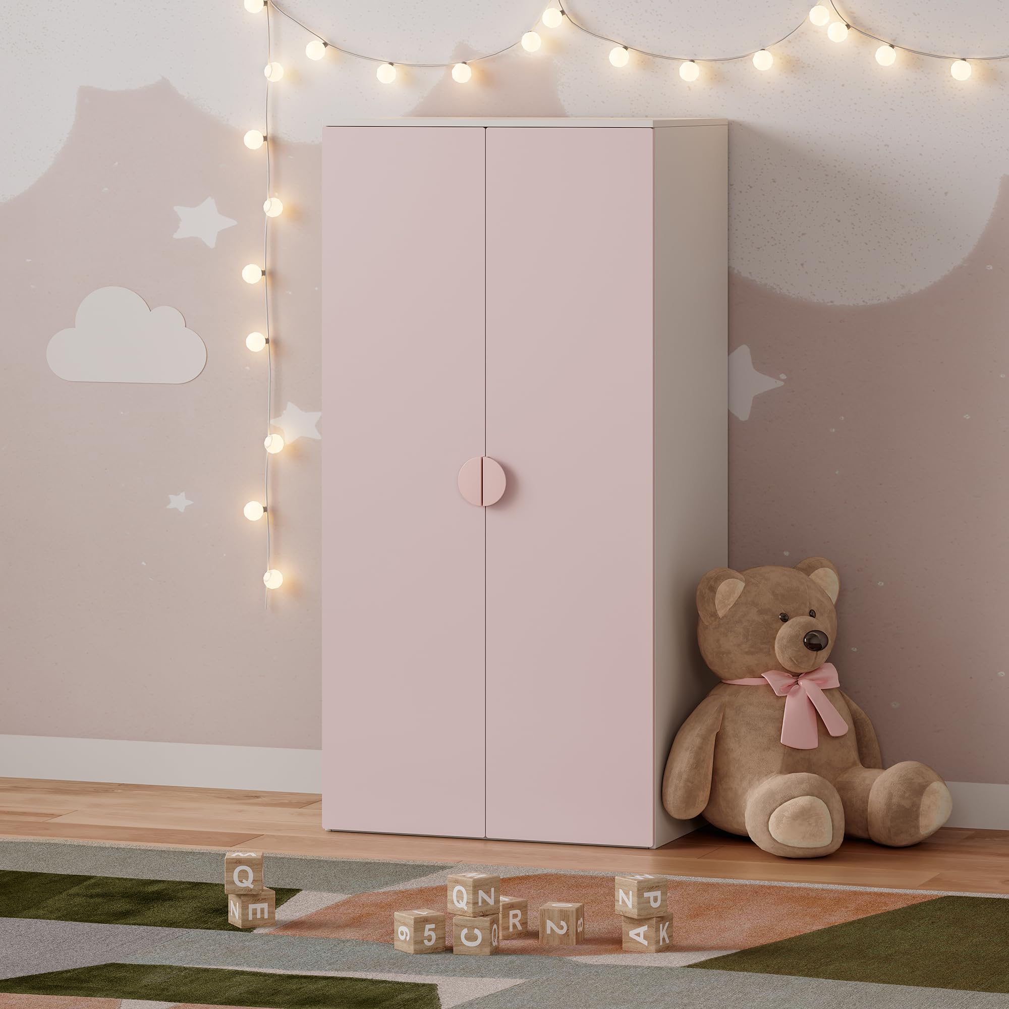 [en.casa] Armoire de Chambre pour Enfants Meuble de Rangement à 2 Portes Penderie pour Vêtements Stable Pratique Élégant Chambre d'enfant MDF Panneau de Particules 123 x 60 x 40 cm Blanc Rose
