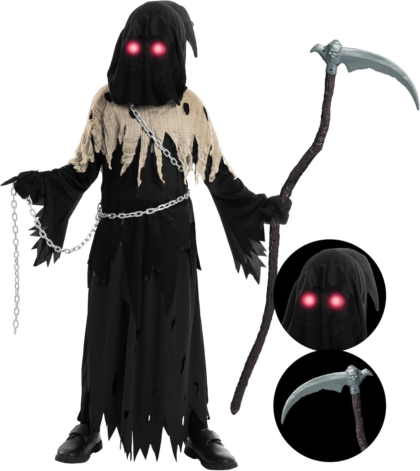 Spooktacular Creations Glowing Eyes Grim Reaper Costume for Kids, Halloween Costume for Boys, Halloween, Dress-up Party Brown Large(10-12 yr)