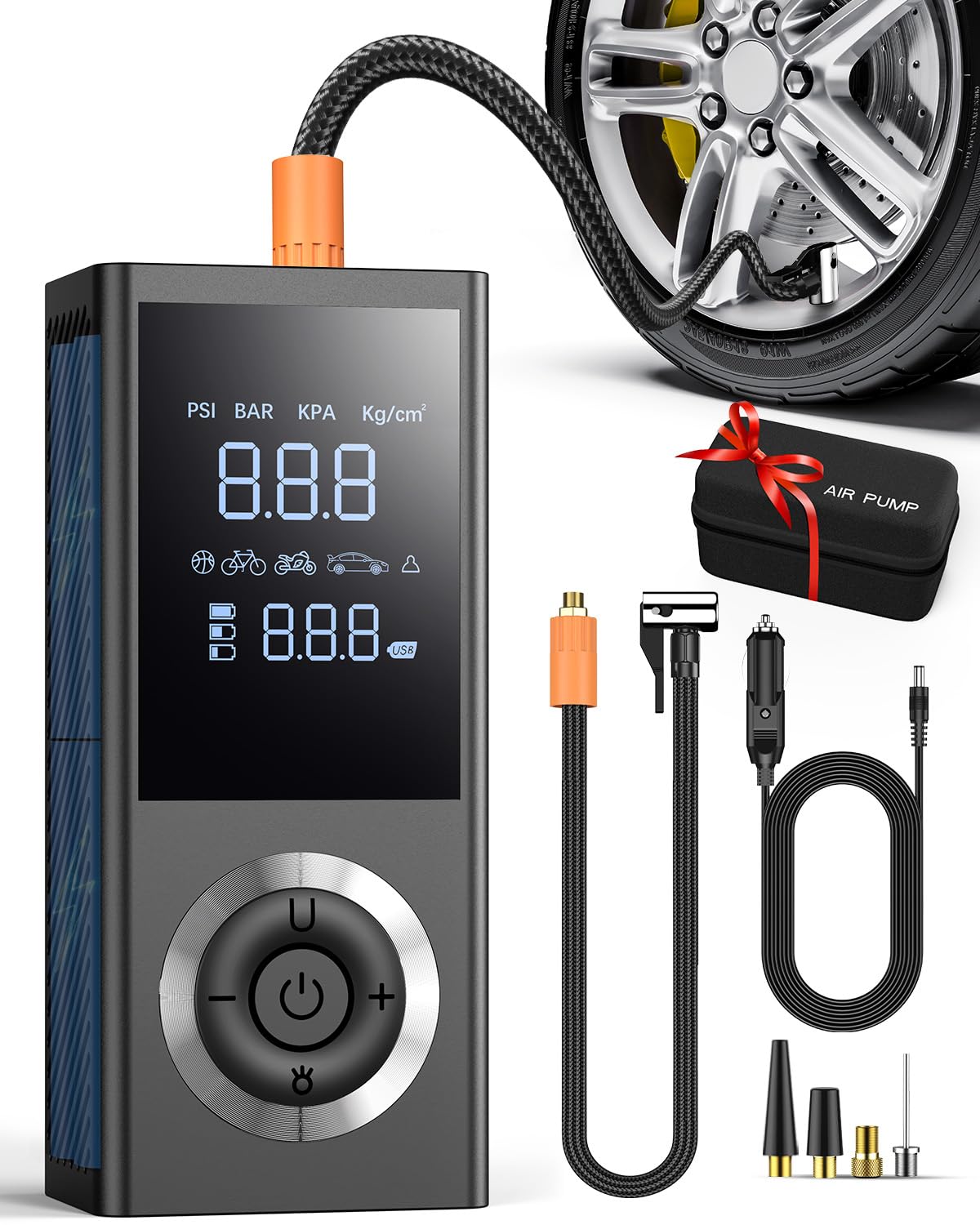 Tire Inflator Portable Air Compressor, 150 PSI Smart Air Pump for Car Tires with Digital Pressure Gauge, LED Light, 12V Car Power Adapter, Storage Box