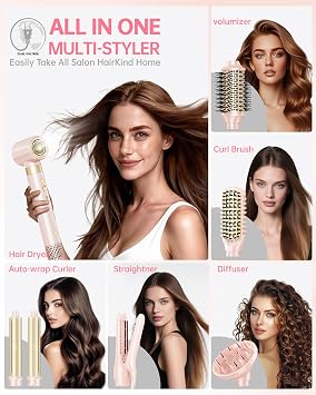 Hair Dryer Brush 8-in-1 Dual Voltage Hot Air Styler Fast-Drying 110,000 RPM Ionic Blow Dryer with Straightener & Curler Attachments, Frizz-Free Volumizing Styler with Protective Hard Case-Pink
