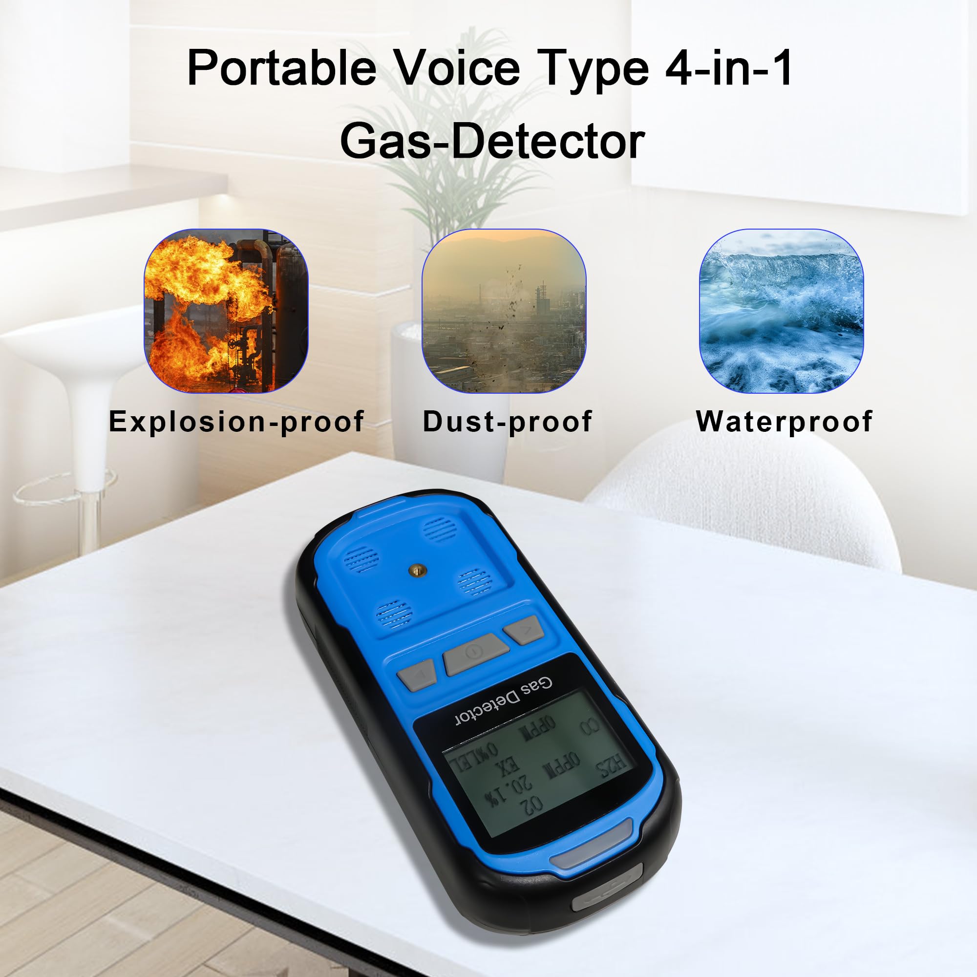 Detector de fugas de gas para H2S CO O2 y LEL, detector de gas múltiple portátil con alarmas audibles, visuales y de vibración, monitor de gas 4 en 1, pantalla LCD digital (azul)