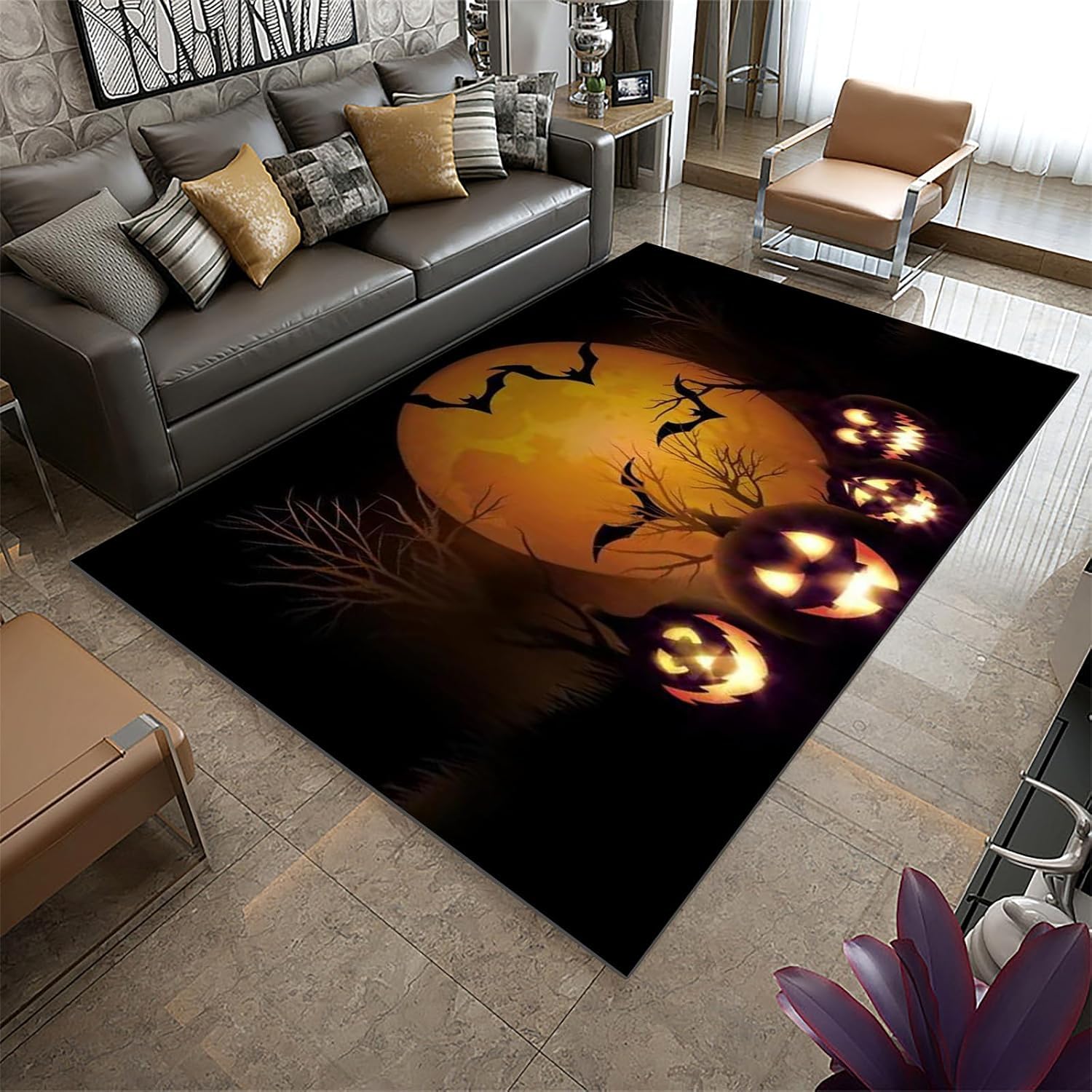 Tapis Halloween salon 100x150 cm en polyester doux pour transformer votre intérieur en automne
