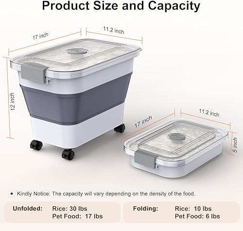 Miniatura 4 de Recipiente de almacenamiento de arroz, recipientes herméticos plegables de almacenamiento de alimentos de 20 a 30 libras con tapa transparente y