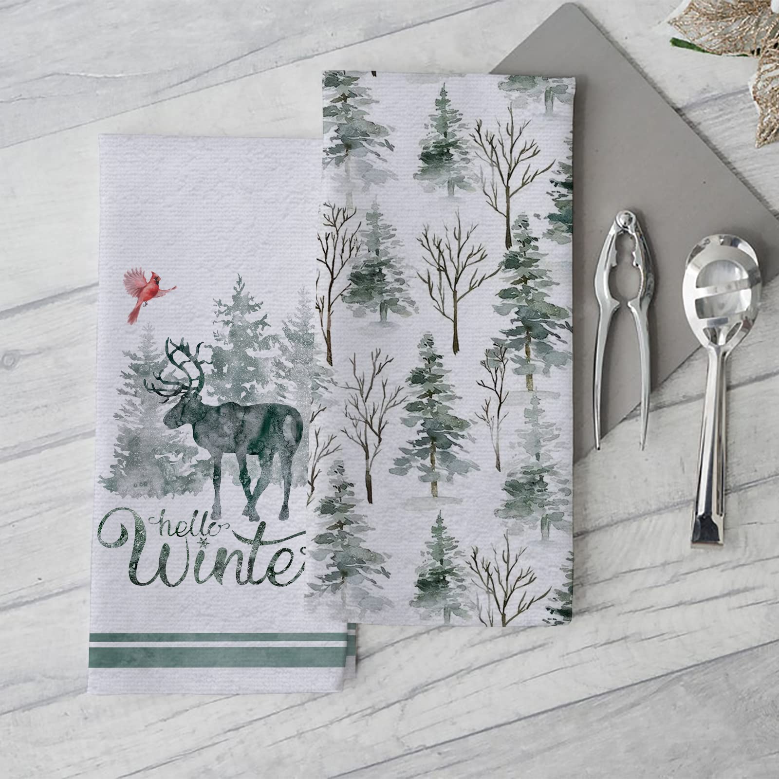 Seliem Hello Winter Küchentuch-Set – 2 Stück, Aquarell-Kiefern Design, 45,7x66,2 Cm, Saugstark