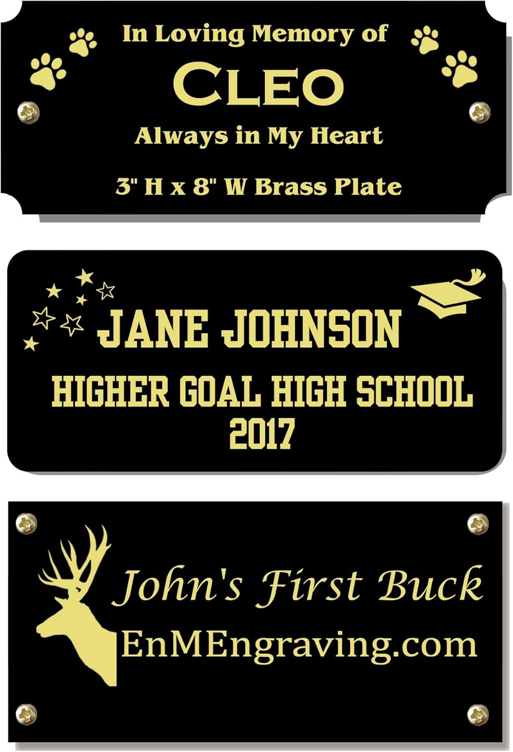 3" H x 8" W, Black Color Solid Brass Satin Name Plates, Personalized Custom Laser Engraved Nameplate Label Art Tag for Frames Notched Square or Round Corners, Made to Order, Made in USA