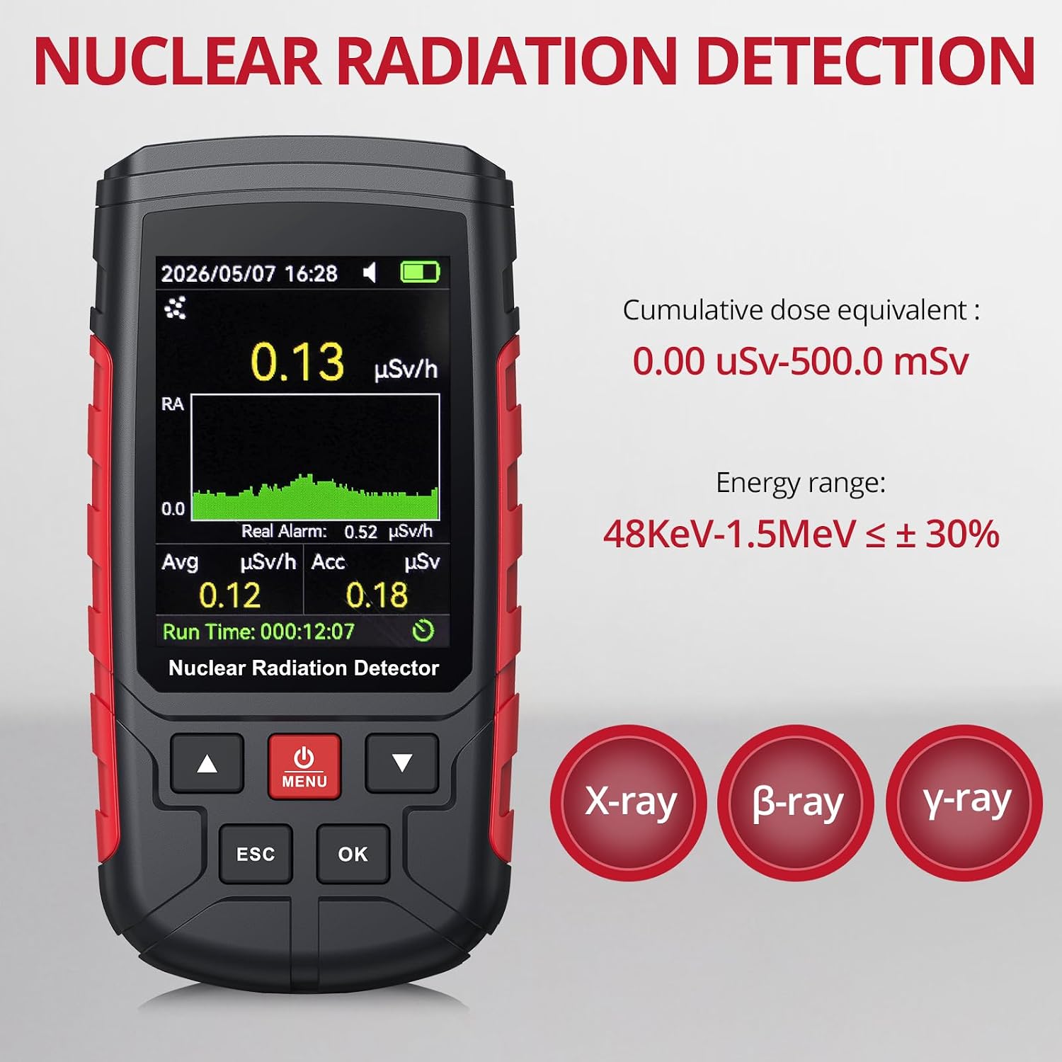 BTNTA Geiger Counter Nuclear Radiation Detector with Color LCD Display | Portable Handheld Rechargeable Dosimeter Sound/Visual Alarm Data Save, Beta Gamma X-rayRadiation Monitor Meter, 0.0μSv-500mSv